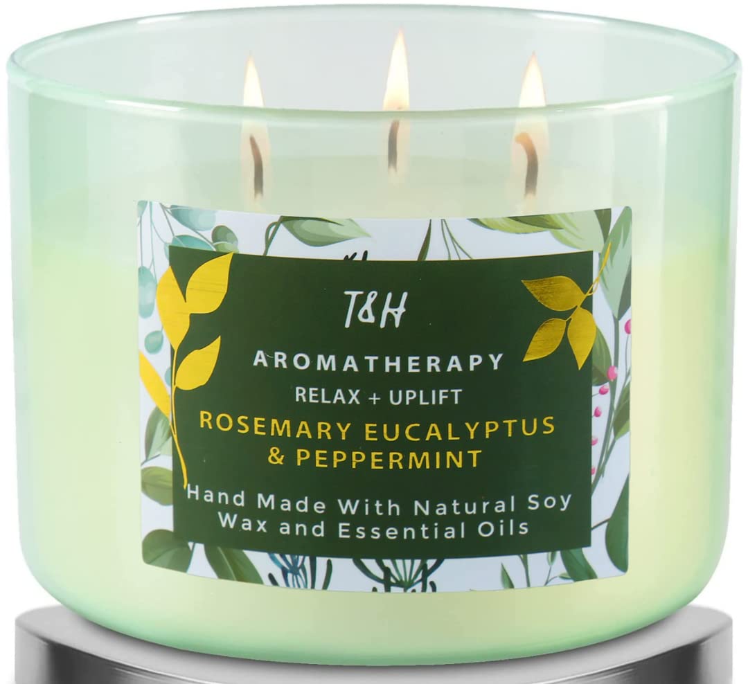 Rosemary Eucalyptus Peppermint Candle | Highly Scented Large 3 Wick Soy Candle 15.8 oz | Uplifting Fresh Eucalyptus Mint Scented Candle for Home | Aromatherapy Stress Relief Candle for Women & Men