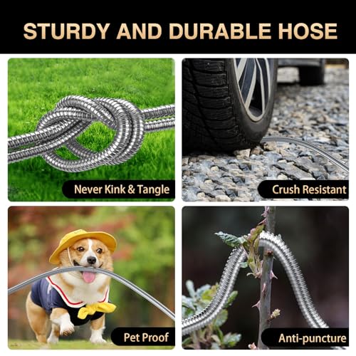 Garden Hose 50ft, Metal Water Hose with 10 Function Nozzle - Flexible Metal Garden Hose, Kink Free, Lightweight and Sturdy Water Hose, Metal Hose for Yard, 3/4" Fittings Metal Hose