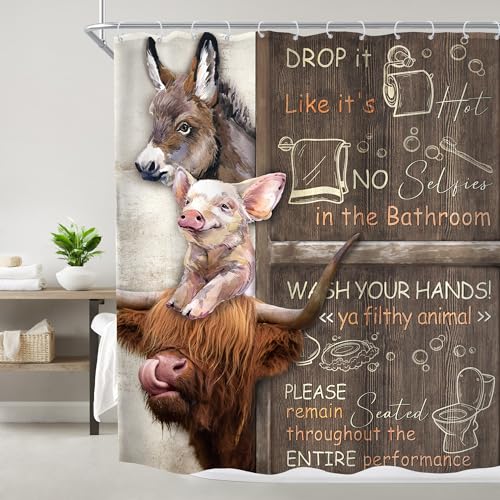 Imirell Funny Bathroom Rules Shower Curtain 60Wx72H Inches Farmhouse Highland Cow Donkey Pig Animal Wooden Board Rustic Wildlife Country Fabric Waterproof Polyester with 12 Pack Hooks Plastic