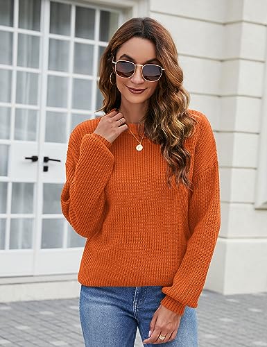 Naggoo Women's Crew Neck Long Lantern Sleeve Casual Chunky Knit Pullover Sweaters Tops Dark Blue XL