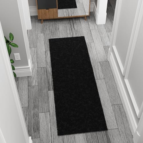 Ottomanson Indoor Solid Shag Design Rubber Back 2x6 Soft Pile Shag Runner Rug for Hallway, Entryway, Kitchen, Living Room, Bedroom, Bathroom, 2' x 6', Black