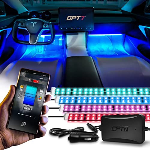 OPT7 Aura Pro Double Row Car LED Lights Interior with Smart APP Control, Multicolor Mode, Sound Active Function Inside Ambient Lighting Kit, Footwell Floor Decor, Cigarette Charger Adapter 12V, 4pc