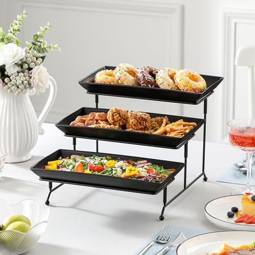 MALACASA 3 Tier Serving Tray, Stoneware Tiered Serving Trays Platters, 12 Inch Serving Stand with Platters, Black Dessert Stand Food Display Stand with Collapsible Sturdier Metal Rack, Series PLAT