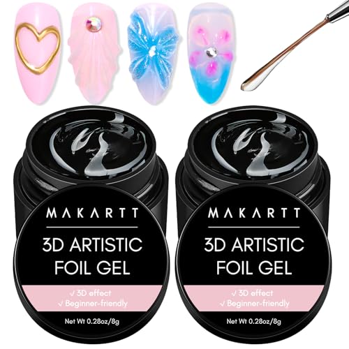 Makartt 3D Nail Foil Glue, 2pcs 8ml Nail Glue Foil Transfer Gel Foil Adhesive Glue for Nail Foil Sheets, Nail Foil Kit for Linear/Shell/Ripple Design Manicure Salon DIY UV Lamp Required