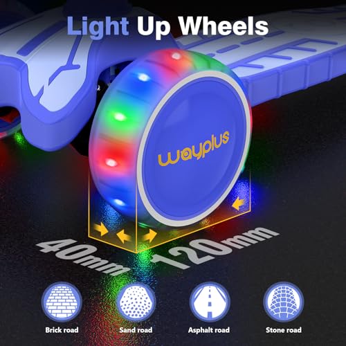 WAYPLUS 3 Wheel Scooter for Kids Ages 3+, 25mm Extra Thick Deck & Light Up Wheels for Kids Ages 3-5, 5-7. 4 Levels Adjustable Heights, Three Wheel Scooter for Kids Ages 8-12, Max Load 180LBS