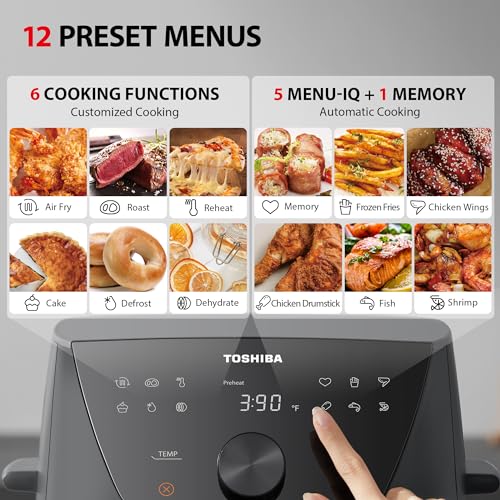 Toshiba 5.5QT Air Fryer with Heat-Q Technology, Quick and Easy Meals, 8 Preset Menus and Menu-IQ Function, 1-Degree Fahrenheit Precision, 90% Less Oil, Double-Sided Handles