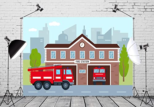 CORFOTO 5x3ft Fabric Cartoon Fire Station Backdrop Photography Firetruck Firefighter Background Kids Firefighter Themed Birthday Party Decorations Photoshoot Booth Studio Props