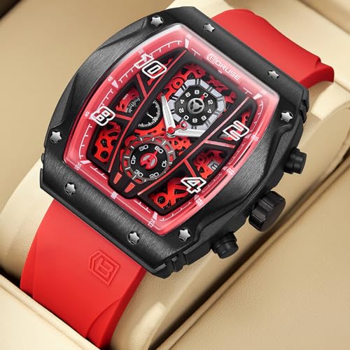 BORUSE Chronograph Watch for Men Red Square Waterproof Quartz Watches Fashion Sport Silicone Strap Luminous Calendar Analog Wristwatch