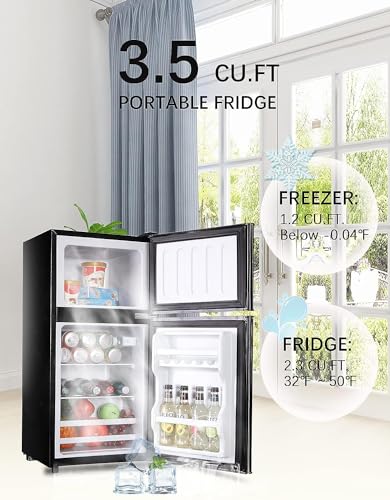 KRIB BLING Refrigerator with Freezer 3.5 Cu.Ft with 7 Level Adjustable Thermostat Control 2 Door Energy Saving Top-Freezer Compact Refrigerator Black