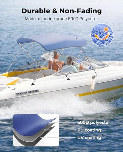 KEMIMOTO Bimini Top for Boat, 3 Bow 4 Bow Bimini Tops Cover 600D Marine Grade Canvas Boat Canopy with 6-8ft Length 54" - 96" Width, Includes Mounting Hardware, 2 Straps 2 Rear Support Poles