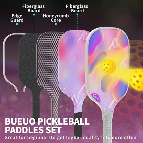 Bueuo Pickleball Paddles Set of 2,Pickleball Paddle Made with Fiberglass and Honeycomb Polypropylene - Includes 2 Paddles, 4 Balls, and Pickleball BagPink