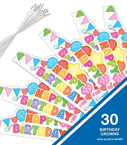 Carson Dellosa 30-Piece Paper Birthday Crowns for Kids, Colorful Classroom and Party Supplies, Happy Party Hats