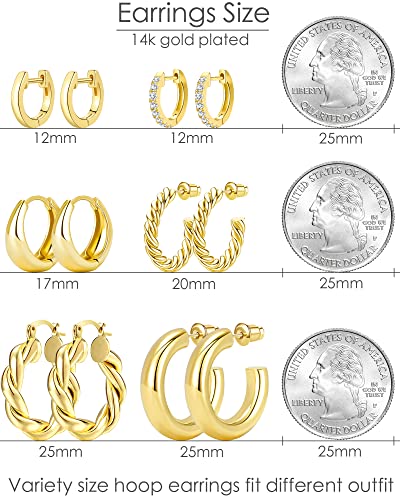 Adoyi Gold Hoop Earrings, 14K Gold Plated Lightweight Jewelry, Small Chunky Huggie Hoop Earrings Set for Women, 9 Pairs