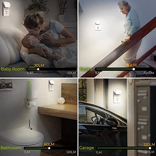 AUVON Night Light Plug in, Bright Motion Sensor Night Light (120 Lumens), Dimmable Cool LED Night Lights Plug Into Wall, 1-120lm Brightness Nightlight for Bathroom, Hallway, Garage (4pack)