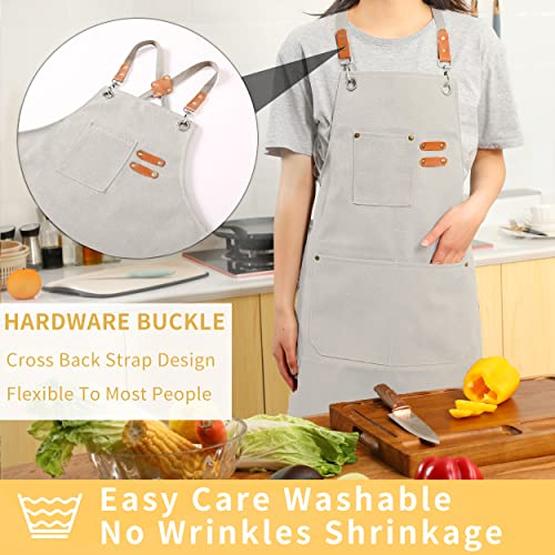 Tosewever Canvas Cross Back Chef Cotton Aprons for Men Women with Large Pockets (Beige)