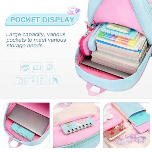 FIXITOK Girls Backpack Set, 3PCS Kids Backpack for Girls, Kawaii Bunny School Backpacks for Girls Kindergarten Elementary Preschool Middle School Bags with Lunch Box Pencil Case Aquamarine
