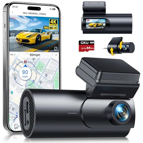 GKU Dash Cam Front and Rear Camera,4K+1080P Dual Dash Camera for Cars Built-in 5GHz WiFi GPS,with 64G SDcard,1.47" Display Dashcam, 24HParking Mode,App Control,Super Night Vision,WDR,Support Max 256GB
