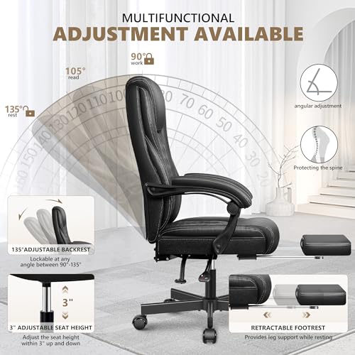 BestEra Executive Office Chair Big and Tall Home Office Chair, High Back Ergonomic Leather Chair with Footrest, Adjustable Height Computer Desk Chair with Wheels, Lumbar Support (Black)