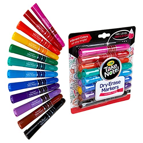 Crayola Take Note Dry Erase Markers (12ct) Whiteboard Markers for Teachers, Low Odor, Chisel Tip, School Classroom Supplies