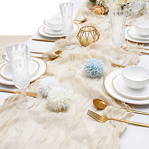 Beige Cheesecloth Table Runners 5 Pack 10Ft Rustic Boho Gauze Long Table Runner for Wedding Arch Bridal Shower Thanksgiving Day Decoration 35x120 Inch