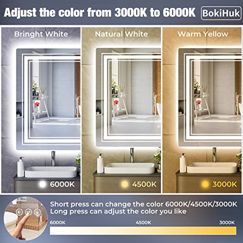 BokiHuk Led Bathroom Mirror with Lights, 40x24 inch Wall Mounted Lighted Vanity Mirror, Makeup Mirror Dimmable Anti-Fog with 3 Colors Light, Waterproof (Backlit & Front-Lighted)