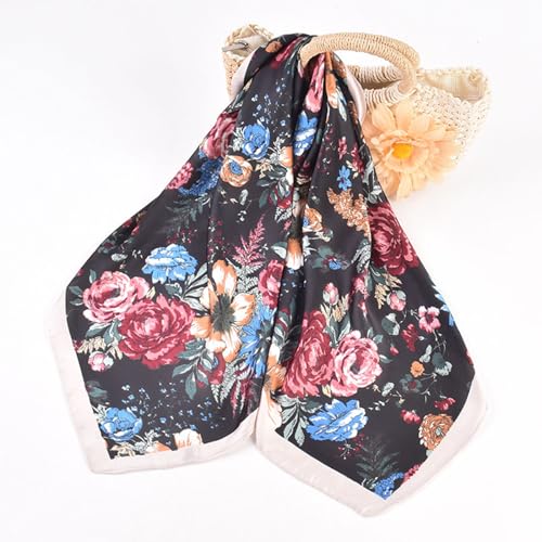 EIysee 27.5 Inches Silk Head Scarf for Women Satin Hair Scarf Silk Wrap Neck Square Scarves Feeling Scarf Boho Headwear (Navy blue-Azalea)