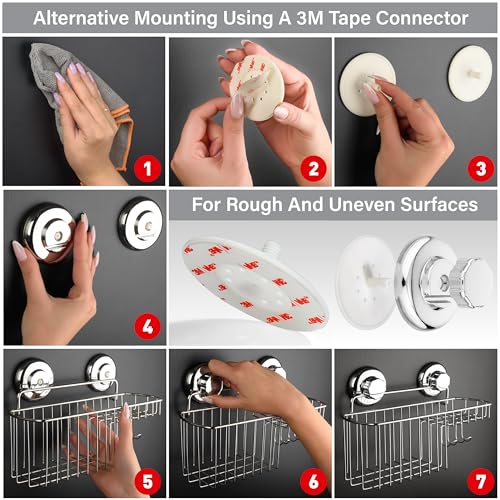 HASKO Suction Cup Shower Caddy Basket for Shampoo, Shower Suction Shelf Organizer, Basket with Soap Holder and Hooks, Stainless Steel Shampoo Holder for Bathroom Storage (Chrome)
