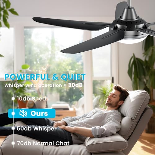 CJOY 54 inch Ceiling Fans with Lights and Remote, Black Ceiling Fan with Light 5 Blades, Dimmable LED 3000K/4000K/6500K, Quiet Reversible DC Motor, 6 Speeds,Timer, Indoor/Outdoor