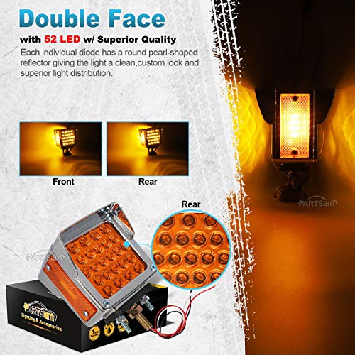 Partsam 2Pcs Double Face Trailer Pedestal Turn Signal Parking Lights with Chrome Visors, Amber/Amber Dual Face Square 52 LED Fender Stud Mount Light for Trucks Trailers, Dual Studs