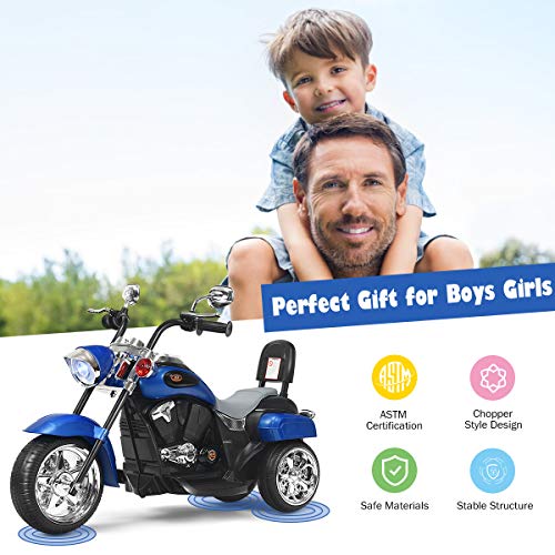 Costzon Kids Motorcycle, 6V Battery Powered Ride on Chopper Motorcycle w/Horn, Headlight, 3-Wheel Stable Ride on Toys, Electric Toddler Motorcycle for Kids, Gift for Boys Girls (Blue)