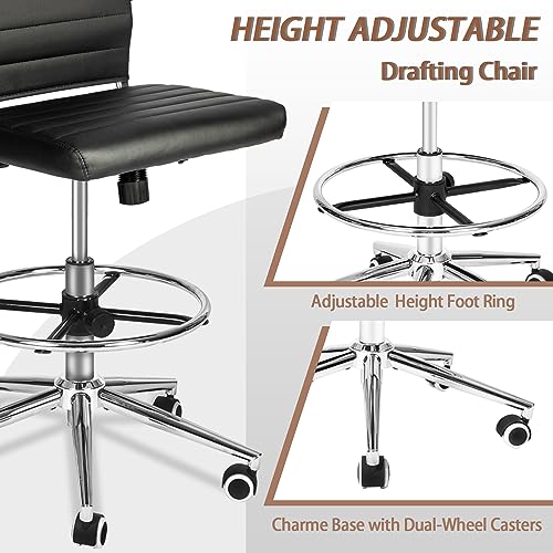 LUCKWIND Drafting Chair Tall Office Chair Ribbed - Mid-Back PU Leather Standing Desk Stool with Adjustable Foot Ring Wide Seat Tilt-Tension Rocker Lumbar Support Swivel Rolling 400lbs, Black