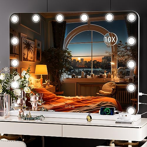 Hasipu Vanity Mirror with Lights, 32" x 24" Makeup Mirror, Light up Mirror with 14 Dimmable LED Lights and 10X Magnification, 3 Colors Modes, Touch Control, USB Charging Port, Black