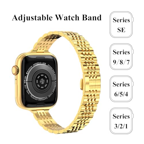CSJCUBIC Thin Women Band Compatible with Apple Watch 38mm 40mm 41mmm 42mm 44mm 45mm with Face Cover, Stainless Steel for Metal iwatch Band Series 9 8 7 6 5 4 3 2 1 SE. (38mm, Gold)