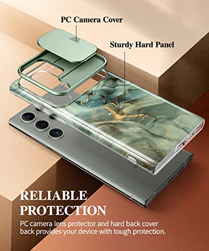 GVIEWIN for Samsung Galaxy S23 Ultra Case with Slide Camera Cover, [Military Grade Drop Protection] Slim Marble Design Best Shockproof Protective Phone Case Fit S23 Ultra 5G 6.8" (Aurora/Azure Blue)
