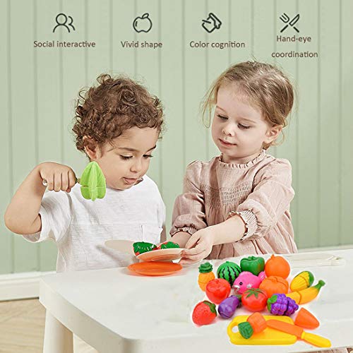 Cutting Fruits Vegetables Set, 16 Pack Play Kitchen Plastic Cutting Food for Kids Pretend Play Kitchen Toys Educational Food Toys for Children Girls Boys Best for 3, 4, 5 Year Olds