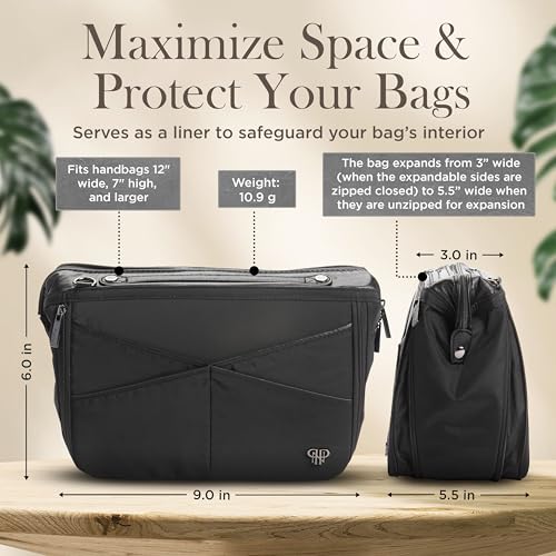 Littbag Handbag Organizer with Patented LED & Auto 60-sec Shutoff - Featured in Oprah's Favorite Things – Purse Organizer with 12 Compartments, Clear Pockets, Zippered Privacy Pocket & More (Black)