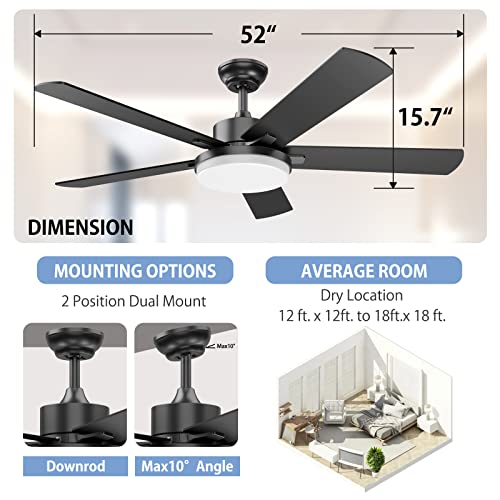 Regair Ceiling Fans with Lights, 52 Inch Ceiling Fan with Lights and Remote Control, Modern Black Ceiling Fan with Light for Living Room Farmhouse Bedroom