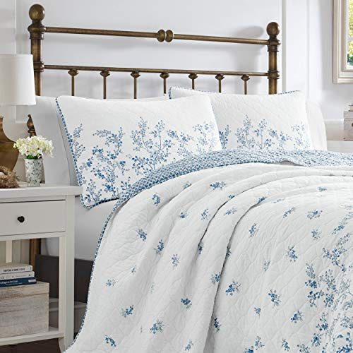 Laura Ashley Home - Twin Quilt Set, Reversible Cotton Bedding with Matching Sham, Pre-Washed Home Decor for Added Softness (Flora Blue, Twin)