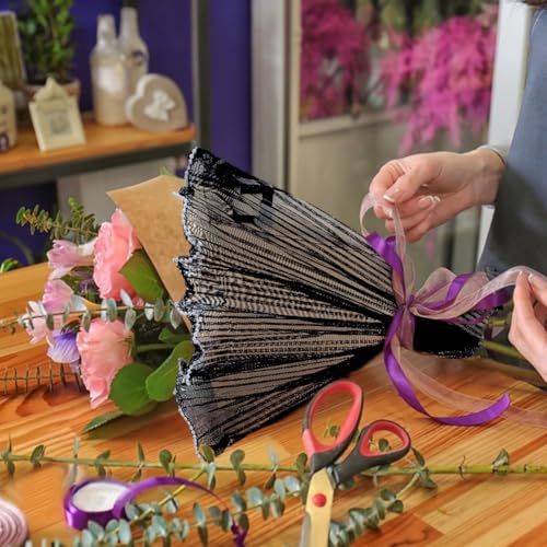 BENECREAT 4.37 Yards Black Flower Wrapping Mesh Paper, Pearl Edge Bouquet Packaging Paper Wrinkled Translucent for Wedding Decor, Florist Supplies Wedding Festival Gifts Packaging