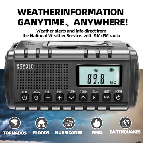 Emergency Crank Weather AM/FM Radio with 2 Solar Panels 5 Charging Modes NOAA Weather Scan 3 Modes Flashlight Cell Phone Charger SOS Alarms for Home Outdoor (Gray)