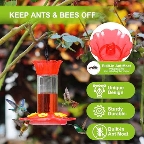 Rihogar Hummingbird Feeder for Outdoors Hanging, 2 Pack Plastic Humming Bird Feeders with Buckle, 6 Feeding Ports, Built-in Ant Moat, Wild Bird Feeder for Outside Garden, Leak-Proof (12 oz)
