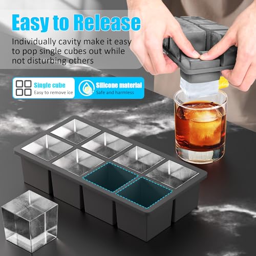 Large Ice Cube Trays for Whiskey: FDDAI Big Silicone Ice Cube Trays - 2Inch Square Ice Cubed Tray for Bourbon Whisky and Cocktail - 2Pack Giant Silicon Ice Cube Tray