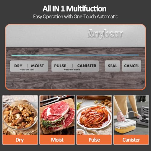 Anybear Vacuum Sealer Machine, 90kPa 120W Wide Seal All-IN-1 Powerful Food Storage, Build-in Cutter | Bags Storage | Digital Countdown Display | 2 Bag Rolls and 5pcs Pre-cut Bags (Gray)