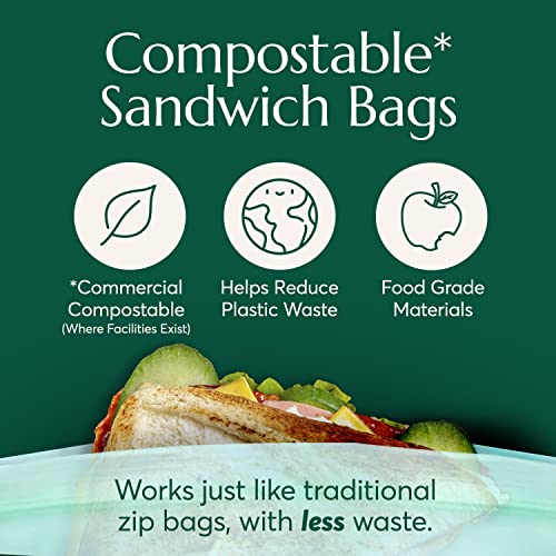 Cleanomic Compostable* Food Storage Bag Bundle – 1 Box Each of 25 Zip Quart Bags, 25 Zip Sandwich Bags, 50 Zip Snack Bags, and 25 13-Gallon Kitchen Waste Bags
