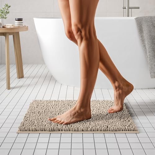 MAYSHINE Plush Shaggy Chenille Bath Mat | Extra Soft, Super Absorbent, Non-Slip Bathroom Rug | Fluffy Microfiber, Area Rug Sets for Bathroom Floor, Kitchen, Living Room | 24"x17" | White