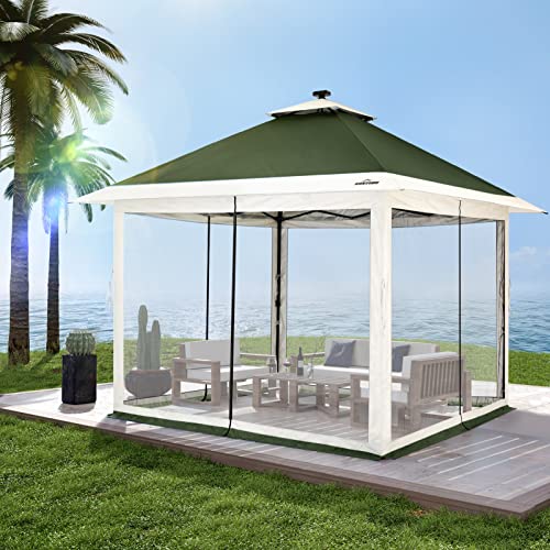 Suntime 12 x 12 Instant Pop Up Gazebo Polyester Canopy Tent Shelter with Solar LED Lights, 4 Zippered Screens, and Powder Coated Steel Frame, Green