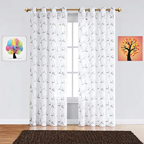 Warm Home Designs Pair of 2 Sheer White Faux-Linen Short Size Curtain Panels with Beautiful Charcoal Color Stitched Leaf Embroidery. Each Grommet Drape is 54" (Width) x 63" (Length). M Charcoal 63"