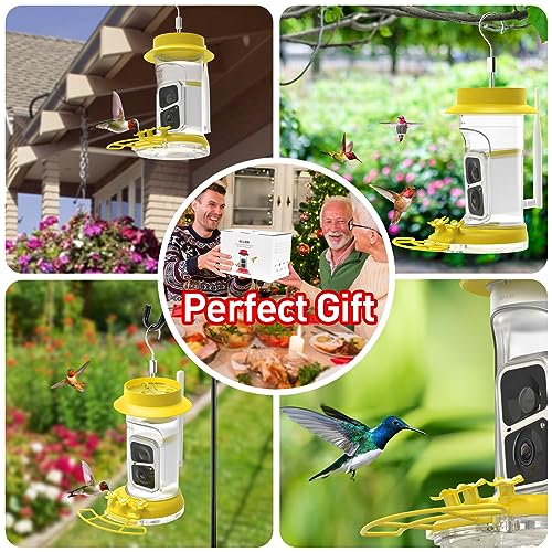 Soliom Humbirdy-The Original Hummingbird Feeder Camera with Ant Moat,Bee Proof,AI Identify Bird Species,Bird Watching Camera W/ 3 Feeding Ports,Instant Notifications,Gifts Ideas for Family(16 Ounces)