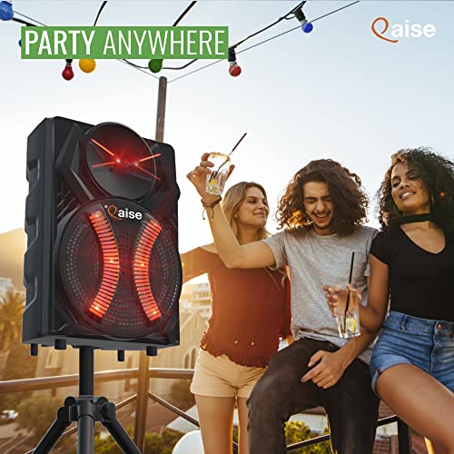 QAISE Portable PA System with Wireless Mic - Bluetooth Party Boombox Speaker & Karaoke Machine with Lights, Dual 10” Subwoofer, X-Bass & 8000 Watts Peak Power - SonicBoomer X-Dix