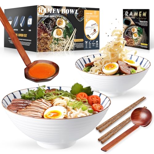 YTLEMON Ramen Bowls Set of Ceramic, 2 Sets of 34 Ounces Large Japanese Serving Bowls with Chopsticks and Spoons Forks for Pho, Dinnerware for New Apartments Suitable as Housewarming Gifts(Black)